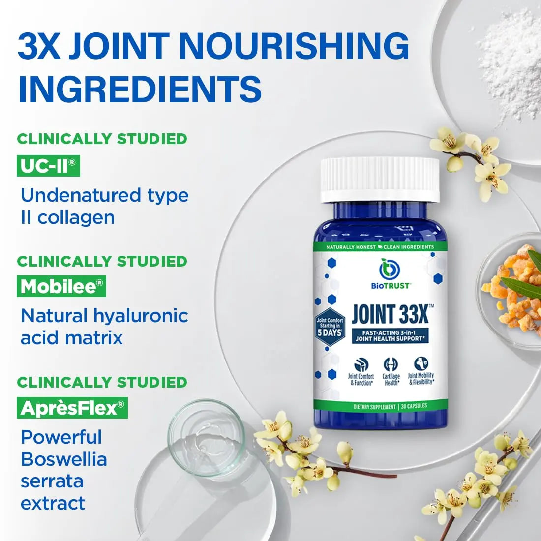 BioTrust Joint 33X Advanced 3-in-1 Joint Support Supplement - Healthy Flexibility, Mobility Relief & Comfort - Boswellia Serrata, Type II Collagen, Hyaluronic Acid - 30 Capsules BioTrust uk supplements