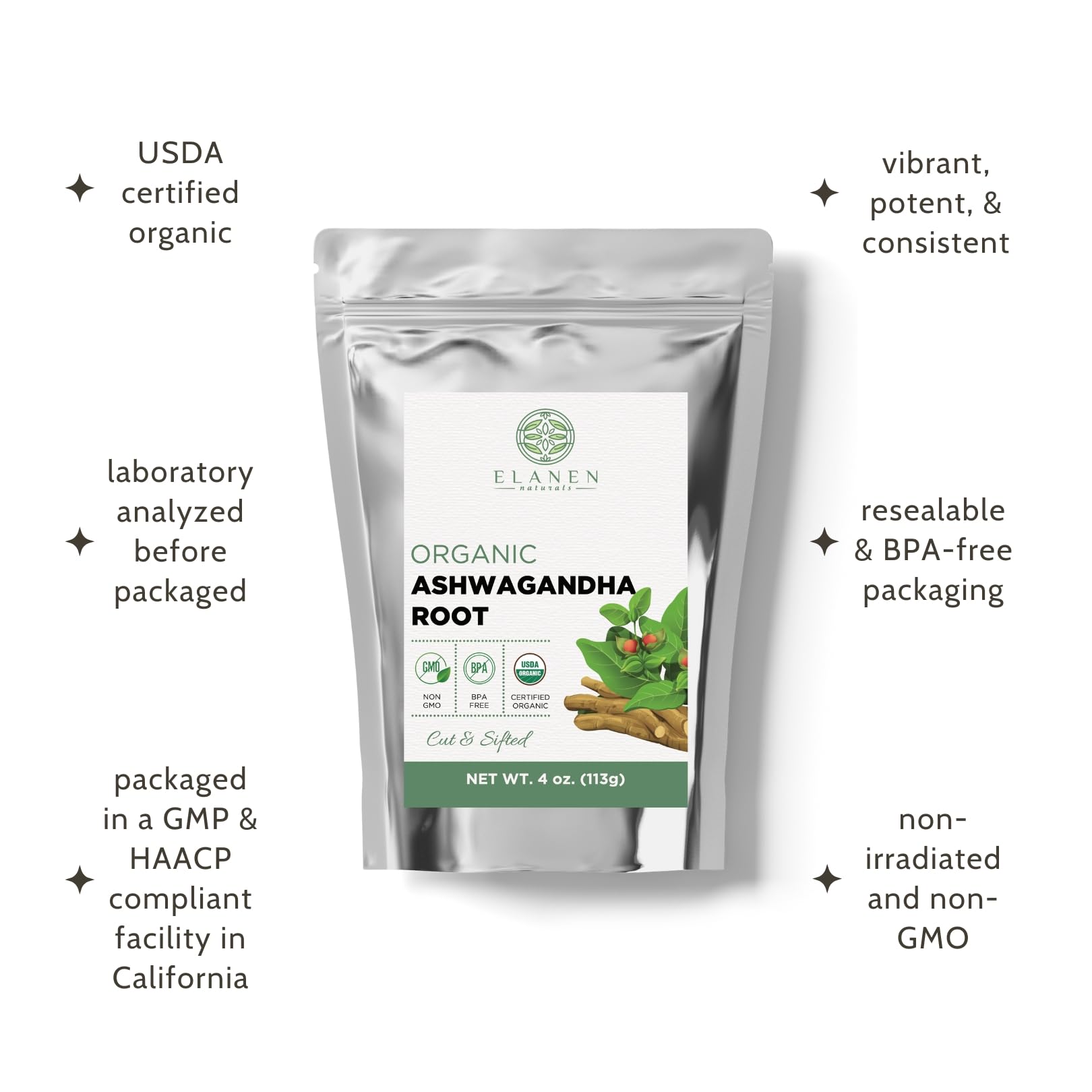 Elanen Naturals Organic Ashwagandha Root 4 oz. (113g), USDA Certified Organic Ashwagandha Root Loose Leaf Tea, Dried Withania somnifera, Cut & Sifted Elanen Naturals uk supplements