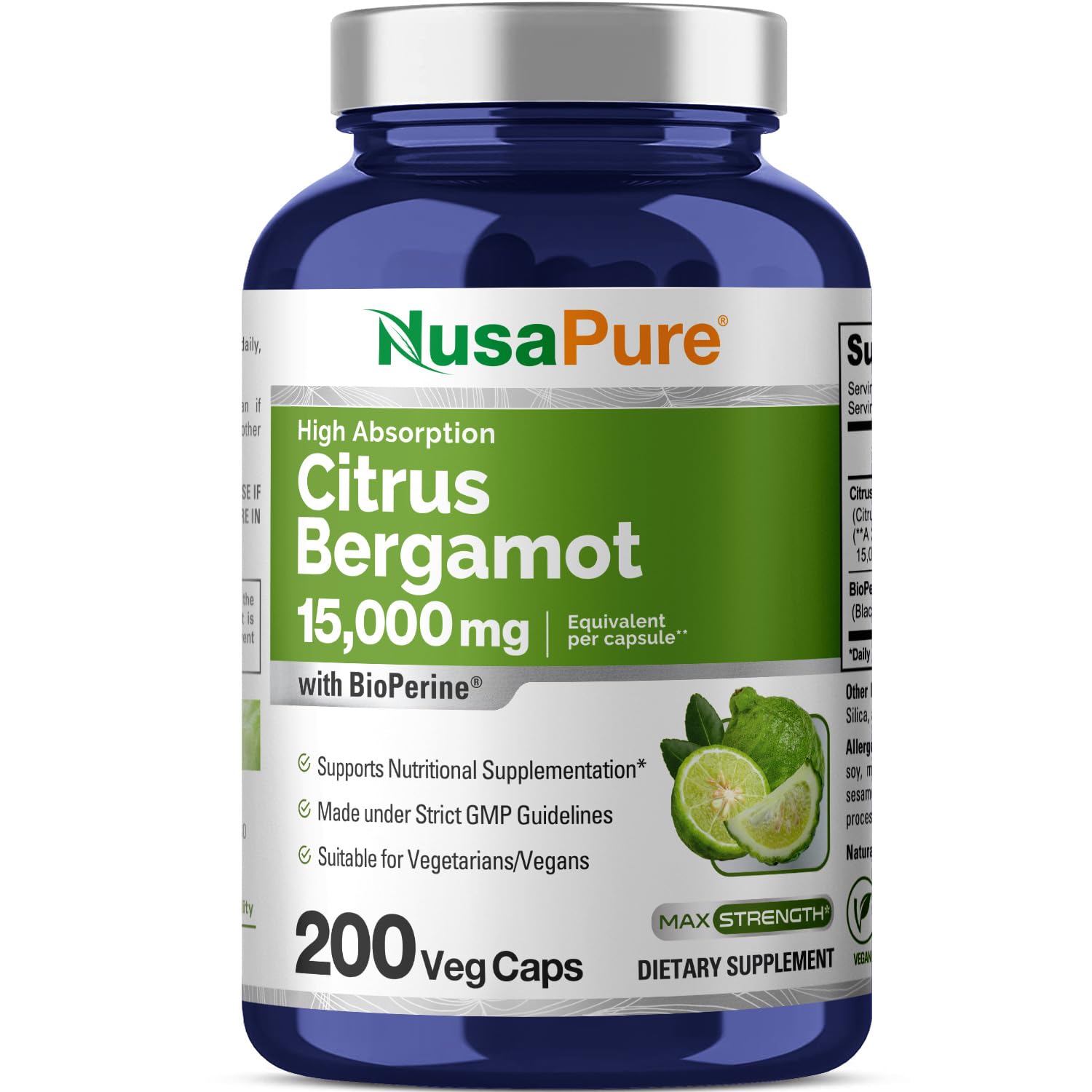 NusaPure Citrus Bergamot Capsules 15,000mg, 200 Capsules - 25:1 Bergamot Extract - 200 Servings, Bioperine, Vegan, Non-GMO NusaPure uk supplements