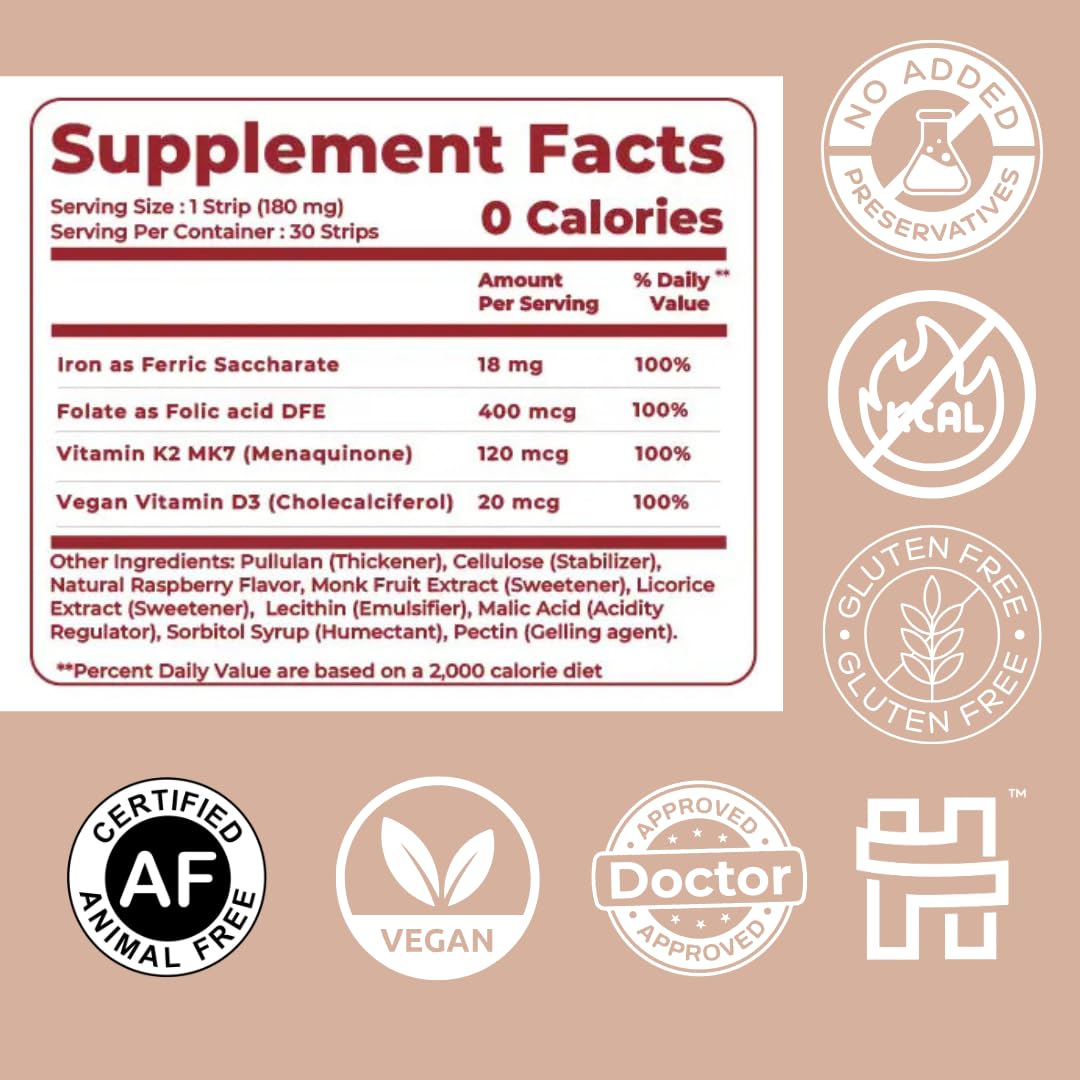 MedHugs NutriHugs Blood and Bone Support - Iron, Folate, Vitamin D3 and K2 - Fast-Dissolving Oral Thin Film Strips - Non-Constipating Iron - Vegan, Sugar-Free, Non-GMO - 30 Strips MedHugs uk supplements