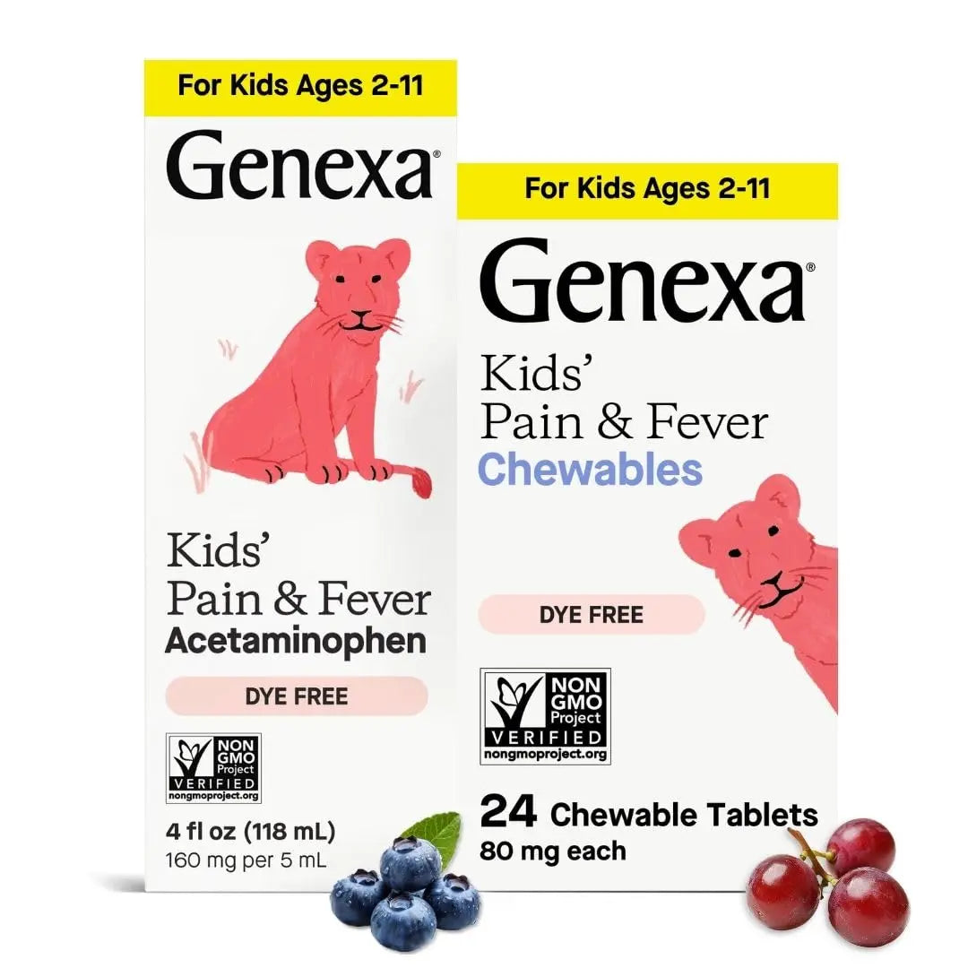Genexa Kids' Clean Pain & Fever Acetaminophen Bundle | Relieves Fever & Minor Aches and Pain | Dye Free, 0% Artificial Additives | Chewable Tablets & Liquid Oral Suspension for Children Aged 2-11 Genexa uk supplements