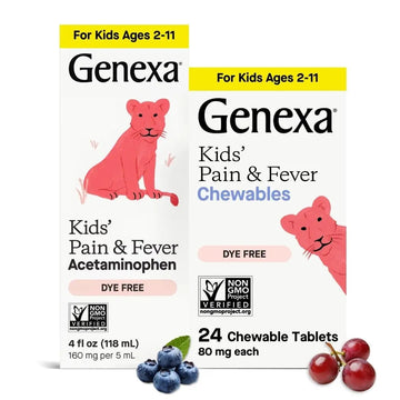 Genexa Kids' Clean Pain & Fever Acetaminophen Bundle | Relieves Fever & Minor Aches and Pain | Dye Free, 0% Artificial Additives | Chewable Tablets & Liquid Oral Suspension for Children Aged 2-11 Genexa uk supplements