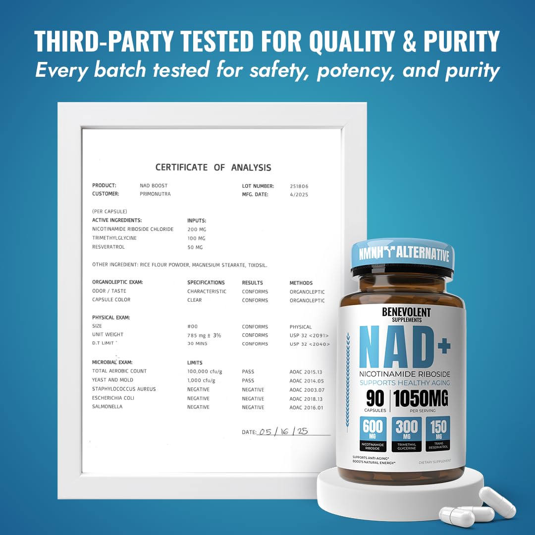 Benevolent NAD+ Supplement 1050mg, Max Absorption 3in1 NAD Supplements for Women & Men with Nicotinamide Riboside, Trans-Resveratrol & TMG, NAD Plus for Cellular Energy, Brain Support & Aging, 90 Caps Benevolent Nourishment uk supplements