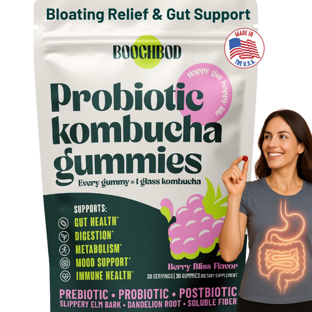 BoochBod - Probiotic Kombucha Gummy - Prebiotics, Probiotics, Postbiotics, Fiber Supplement, Slippery Elm, Dandelion Root, MCT Oil, for Bloating, Gut Health - Probiotics for Women and Men BoochBod uk supplements
