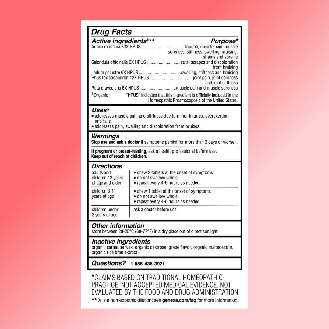 Genexa Arnica Tablets for Pain Relief Formula | Alleviate Muscle & Joint Pain, Soreness, & Stiffness | Delicious Organic Grape Flavor | Homeopathic Remedy Made Clean | 300 Chewable Tablets (3 Pack) Genexa uk supplements