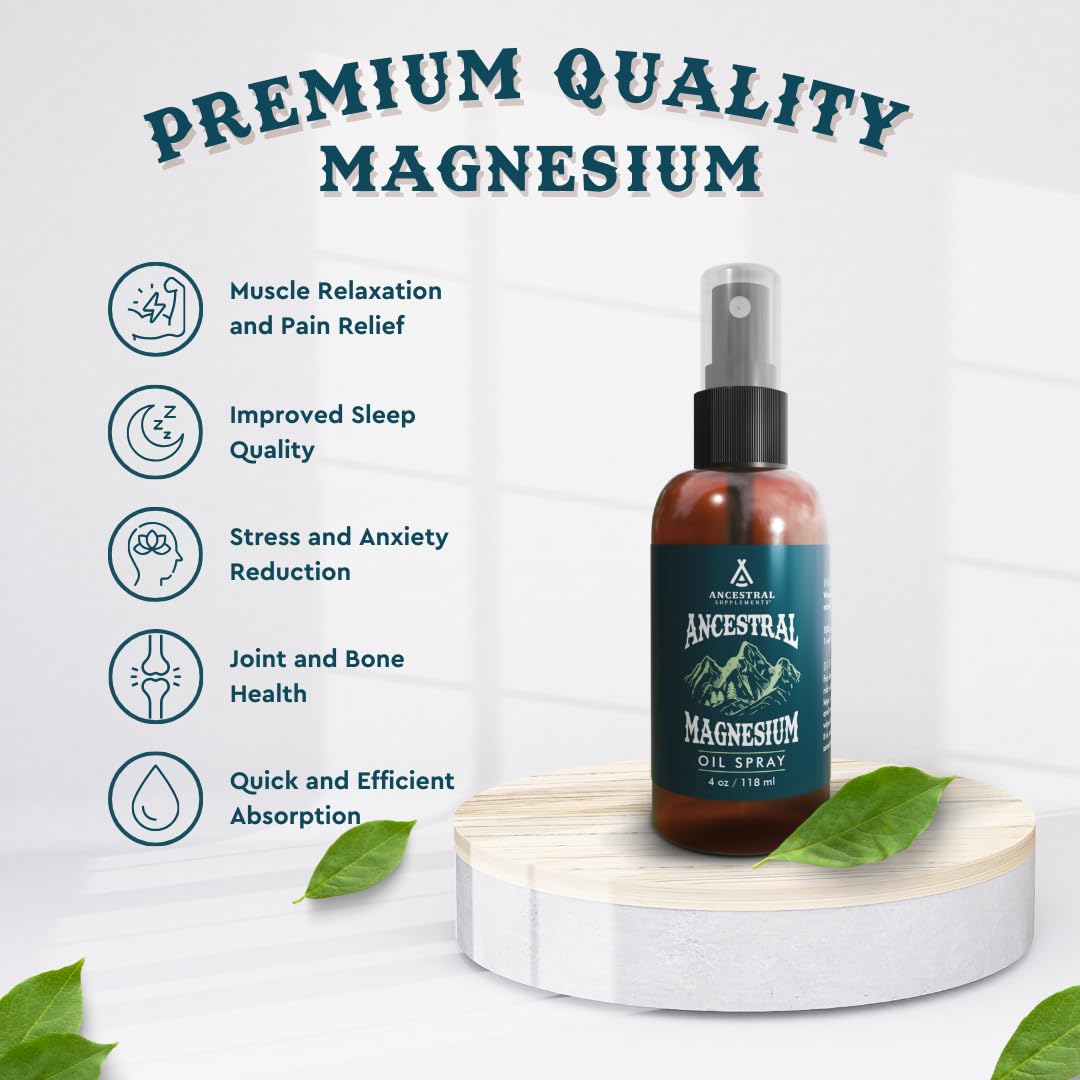 Ancestral Supplements Magnesium Spray, Magnesium for Sleep + Muscle Support, Made with Magnesium Chloride & Natural Minerals, Fast Absorbing Topical Magnesium Oil Supplement for Body Application, 4 oz Ancestral Supplements uk supplements