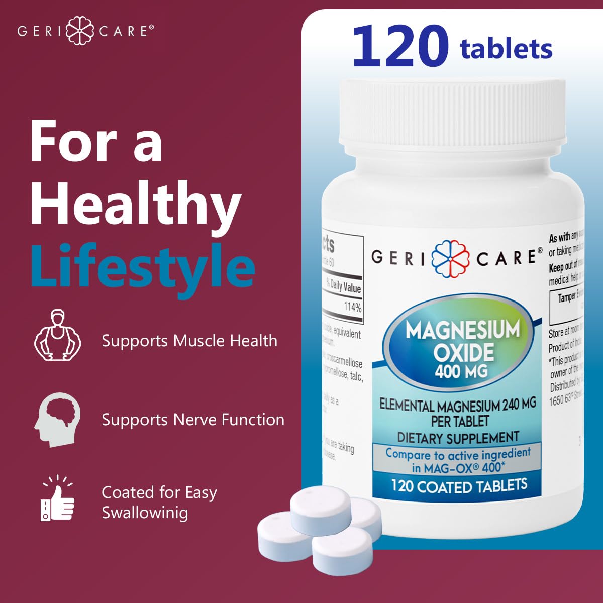 GeriCare Magnesium Oxide Supplement 240 mg of Elemental Magnesium, 120 Tablets, Essential Mineral Support, Promotes Vascular Health, Bone Strength, and Muscle Function (Pack of 1) GeriCare uk supplements