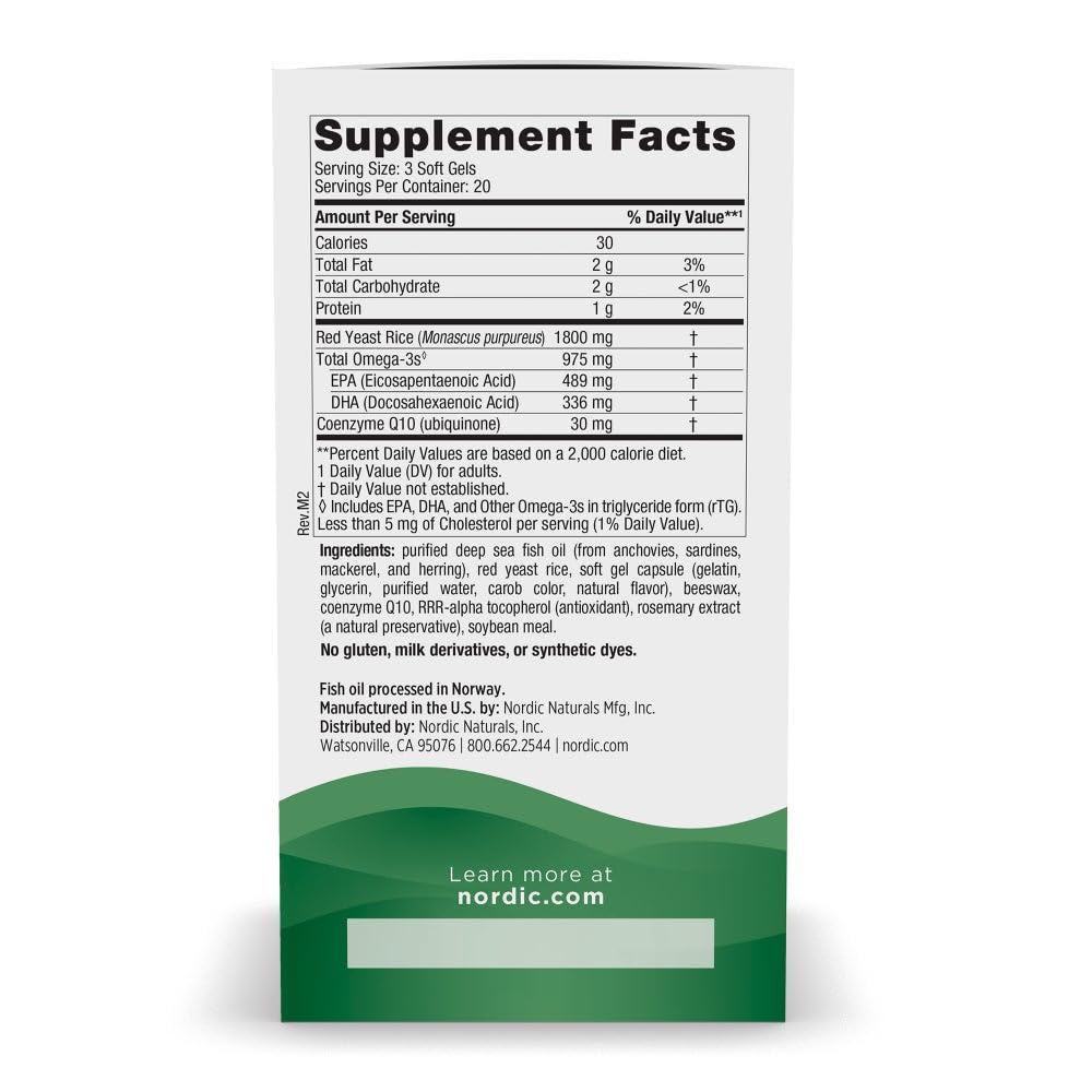Nordic Naturals Cholesterol Support, Lemon - 60 Soft Gels - 975 Omega-3 + Red Yeast Rice & CoQ10 - Normal Cholesterol, Antioxidant Support - EPA & DHA - Non-GMO - 20 Servings Nordic Naturals uk supplements