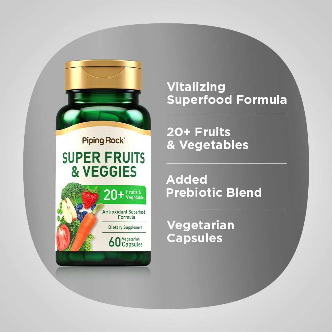 Piping Rock Fruits and Veggies Supplement | 60 Capsules | Superfood Fruit and Vegetables Vitamins | with Prebiotic Blend | Vegetarian Formula | Non-GMO, Gluten Free Piping Rock uk supplements