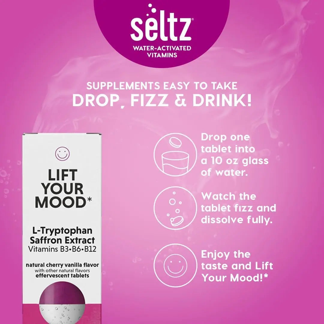 Seltz® Lift Your Mood – Effervescent Vitamins for Mood Support & Energy with L-Tryptophan, Saffron Extract & B Vitamins (B3, B6, B12) Seltz uk supplements
