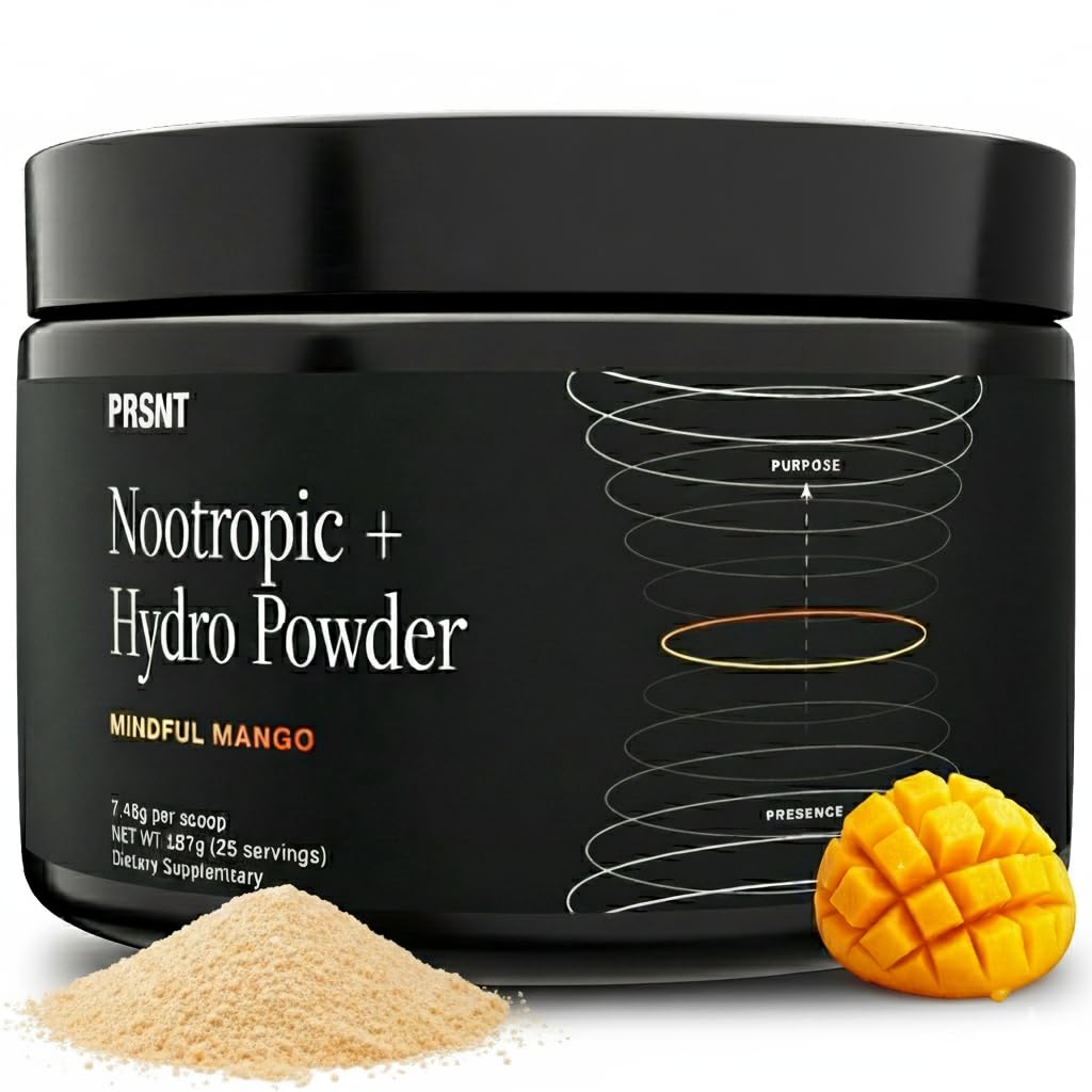 PRSNT Nootropic Focus Powder | Mango 25 Servings | Caffeine-Free, Sugar-Free | Supports Focus, Energy, Mental Clarity | Nootropic + Electrolytes Hydration Focus Drink Mix PRSNT uk supplements