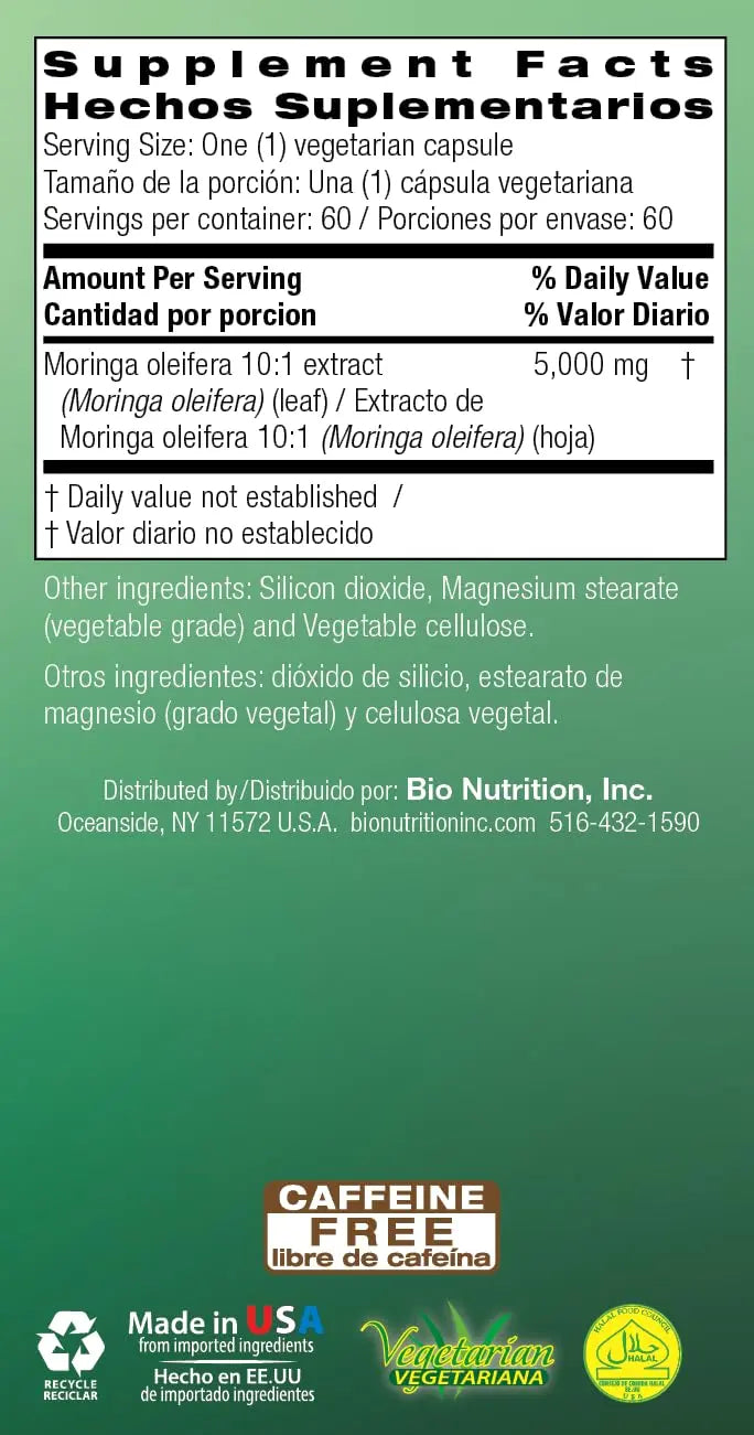 Bio Nutrition Moringa 5000mg 60 Vegetarian Capsules | Complete Green Superfood | Nature's Multivitamin | Energy and Gut Health Bio Nutrition uk supplements