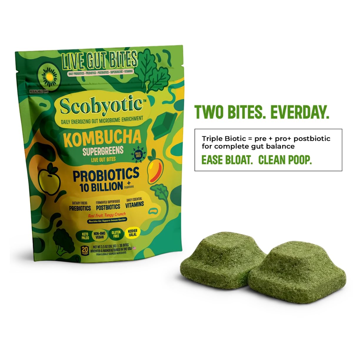 Scobyotic® Kombucha Supergreens Live Gut Bites – 10 Billion CFU Probiotics + Prebiotics & Postbiotics – Kombucha & Supergreens – Freeze-Dried Probiotic Supplement Scobyotic uk supplements