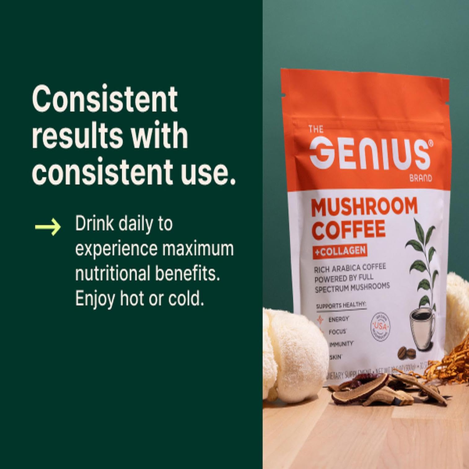 The Genius Brand Organic Mushroom Coffee + Collagen - Daily Energy Support - Healthy Immune Function - Arabica Coffee with Cordyceps, Reishi & Lion's Mane Mushroom Blend - 10.6 oz (30 Servings) The Genius Brand uk supplements