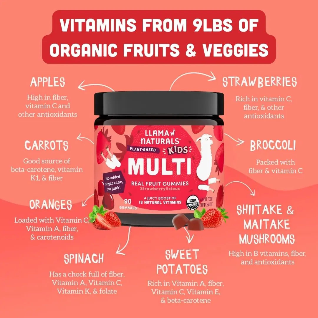 Llama Naturals Kids Multivitamin Gummies | Real Fruit, No Added Sugar Cane | Organic Vegan Toddler Whole Food Vitamins | Llama Naturals uk supplements