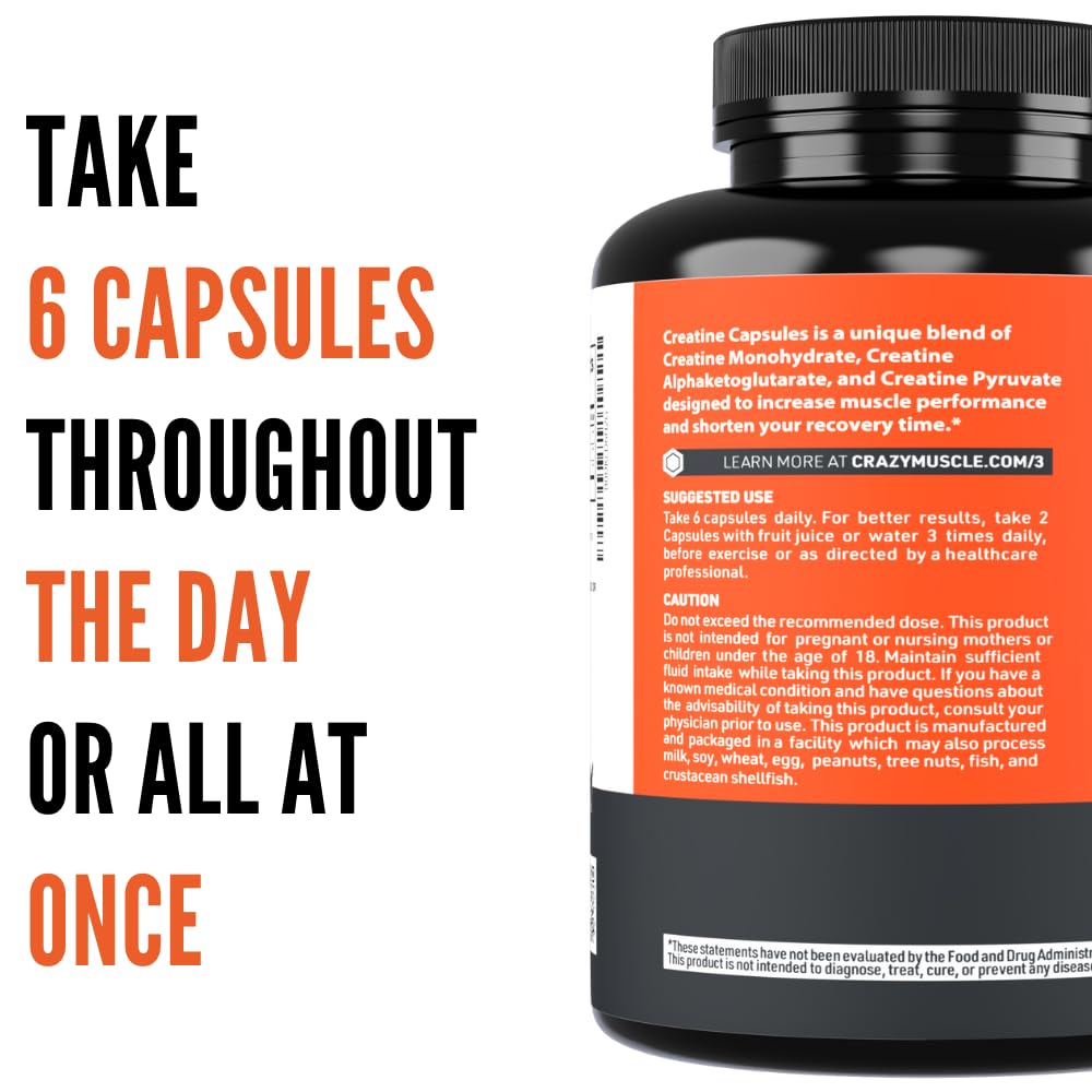 Creatine Capsules, 5g Premium 3X ThreeAtine Pre Workout Bulk Muscle Mass Gainer, High Absorption Easy to Take Creatine Monohydrate Pills Alternative Optimum Performance for Men Women, 180 Capsules Crazy Muscle uk supplements