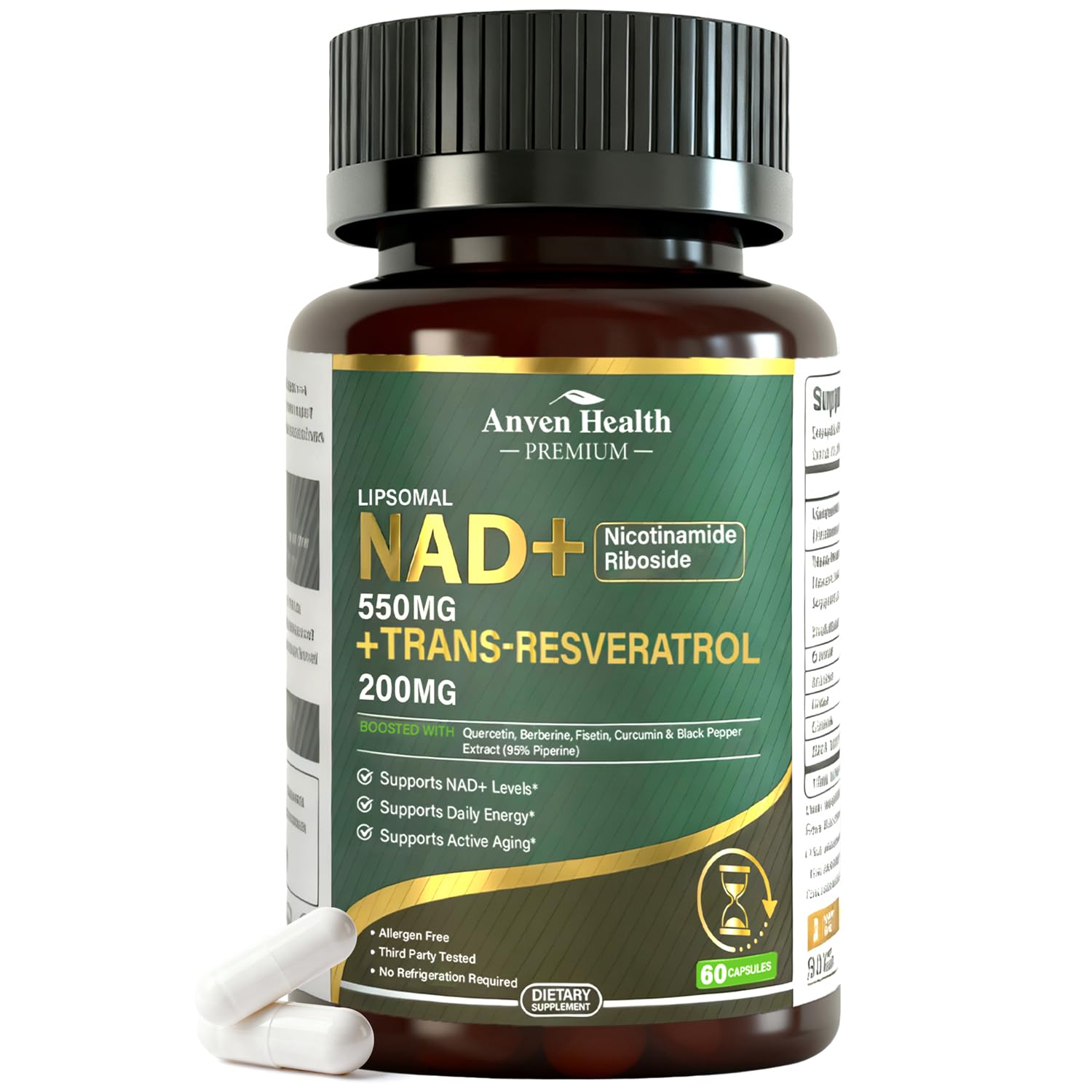 Liposomal NAD+ Resveratrol Supplement - NMN Alternative with Trans-Resveratrol, Quercetin & Fisetin - NAD Plus Booting for Women and Men, Support Cellular Energy & Healthy Aging, Non-GMO | 60 Capsules Anven Health uk supplements