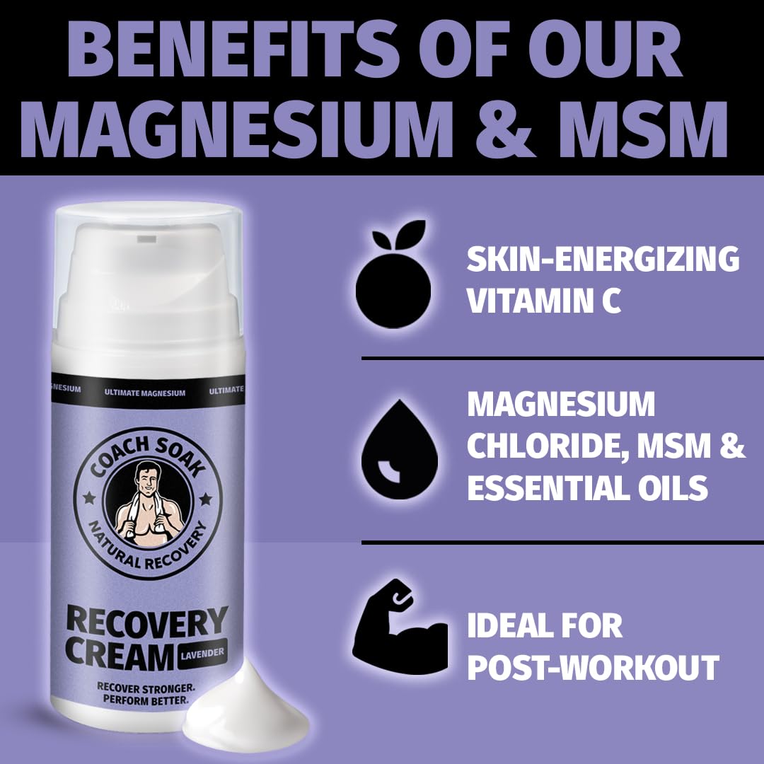 Coach Soak Magnesium Cream with MSM in Pump Bottle - Natural Recovery Cream with Magnesium Chloride & Menthol - Fast-Absorbing for Muscles & Joints, Lavender 3.4oz Coach Soak uk supplements