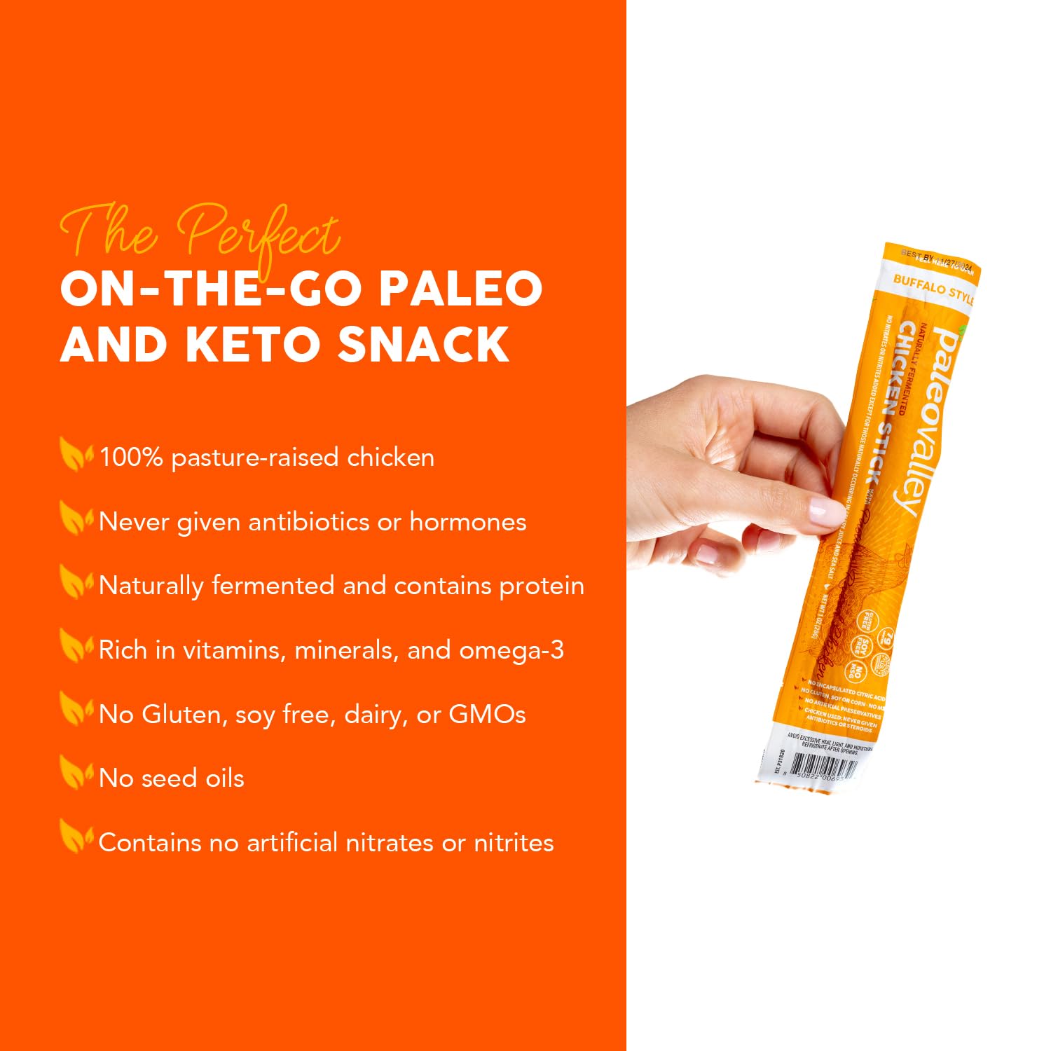 Paleovalley Pasture-Raised Chicken Sticks – 10 Pack – 7g Protein per Stick – Keto-Friendly, Paleo, Gluten-Free, Nitrate-Free – On-the-Go Snack (10 Pack, Buffalo) Paleovalley uk supplements