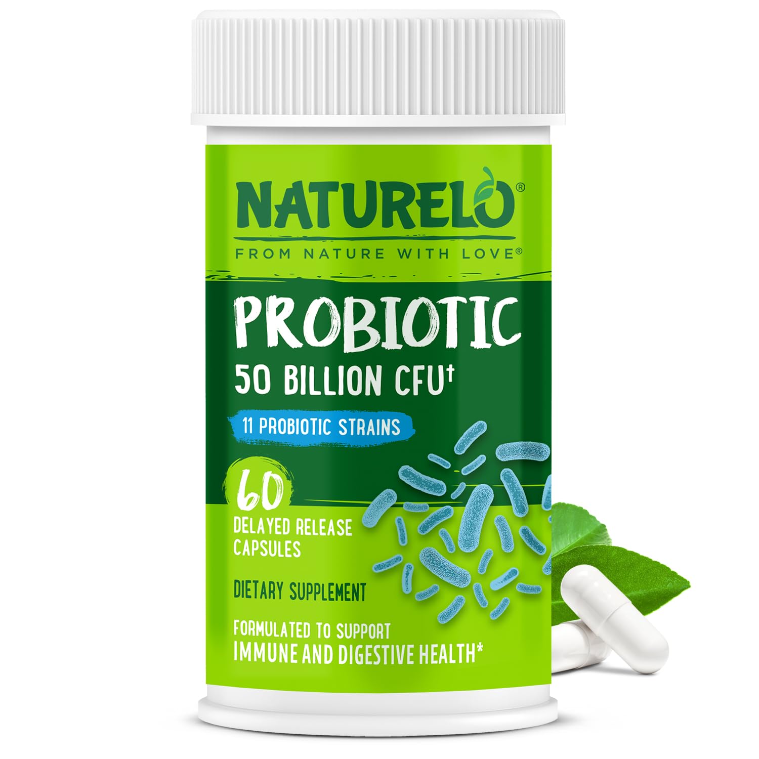 NATURELO Probiotics for Digestive Health, 50 Billion CFU, 60 Vegetarian Capsules, 11 Strains, Daily Use Supplement, Delayed Release, No-Fridge, Boosts Immune System, Probiotics for Women & Men NATURELO uk supplements