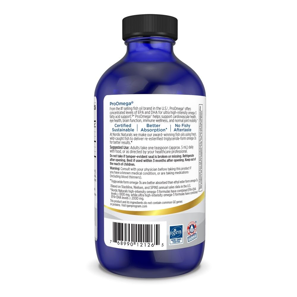 Nordic Naturals ProOmega Liquid, Lemon Flavor - 8 oz - 2840 mg Omega-3 - High Potency Fish Oil with EPA & DHA - Promotes Brain, Eye, Heart, & Immune Health - Non-GMO - 48 Servings Nordic Naturals uk supplements