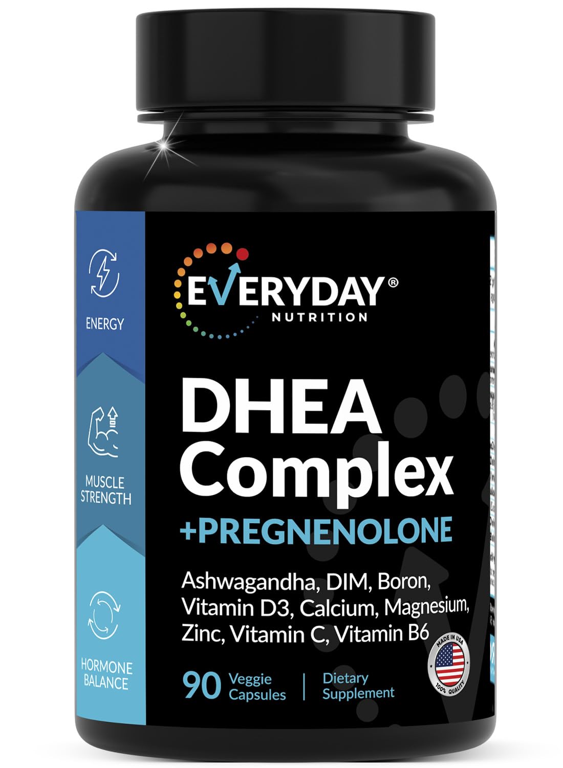 DHEA Micronized 200mg Complex with Pregnenolone 100mg Supplement for Men & Women with Ashwagandha, DIM, Magnesium, Boron, Calcium , Zinc, Vitamin D3, C and B6 Hormone Support - Made in USA 90 Capsules EVERYDAY NUTRITION uk supplements