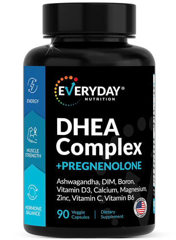 DHEA Micronized 200mg Complex with Pregnenolone 100mg Supplement for Men & Women with Ashwagandha, DIM, Magnesium, Boron, Calcium , Zinc, Vitamin D3, C and B6 Hormone Support - Made in USA 90 Capsules EVERYDAY NUTRITION uk supplements