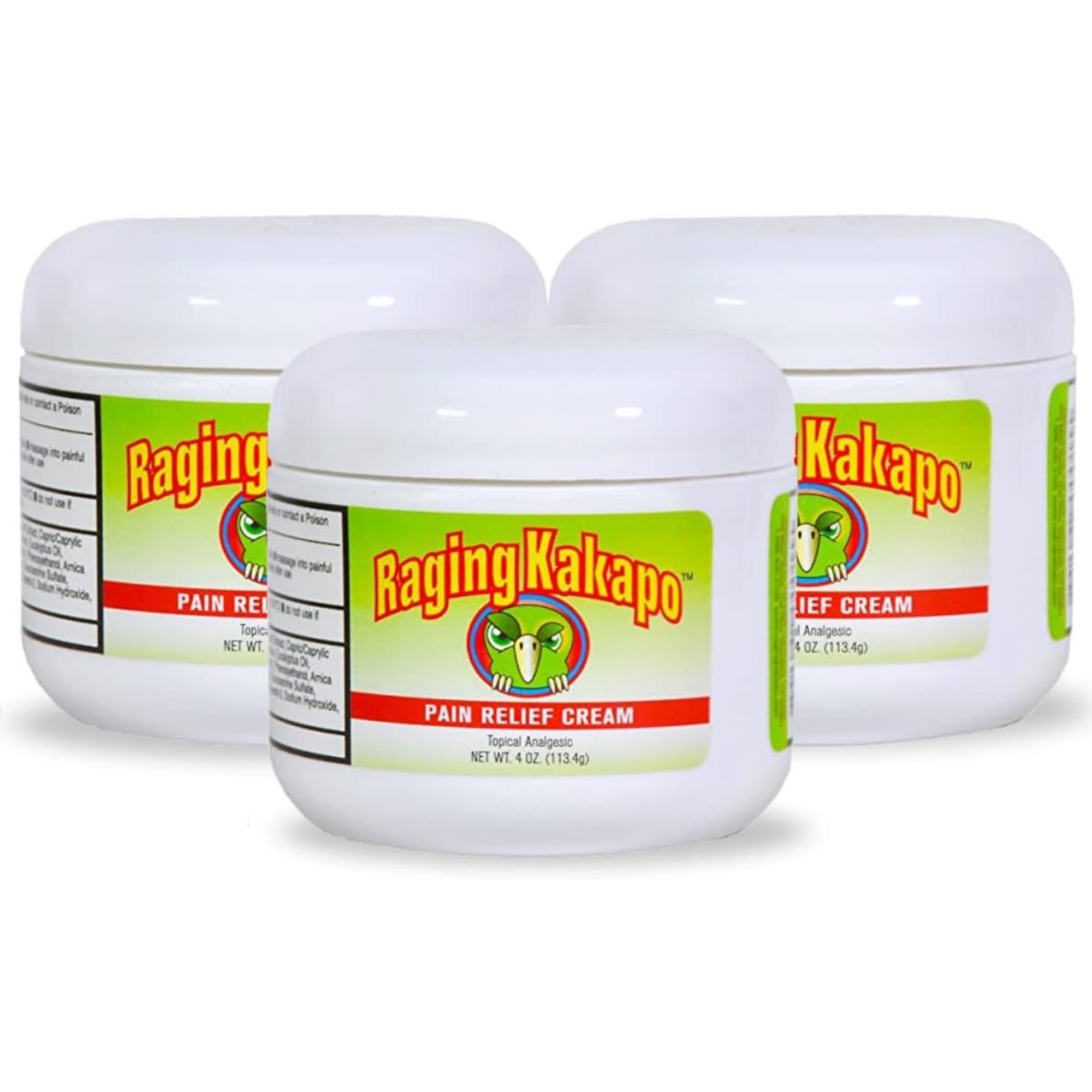 Raging Kakapo Pain Relief Cream 3 Pack - Sore Muscles, Joint Pain & Aches - Odor Free, Non-Greasy Pain Cream - Histamine Dihydrochloride, Capsaicin, Emu Oil, Arnica & More, 4 oz. Jar Raging Kakapo uk supplements