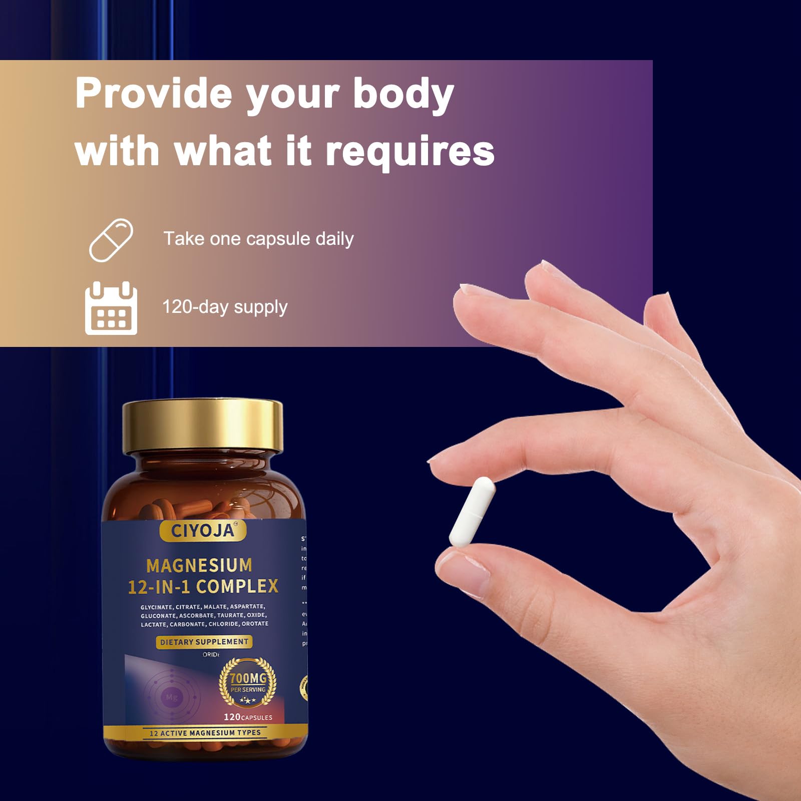 12-in-1 Magnesium Complex for Women Men: Magnesium Glycinate 700mg with Citrate, Malate Taurate Chelated Forms - High Absorption Magnesium Supplement for Relaxation Muscle Heart - 120 Vegan Capsules CIYOJA uk supplements