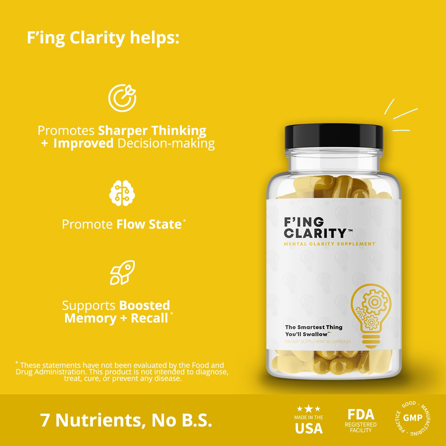 F'ing Clarity - Clarity, Memory + Brain Boosting Nootropic Supplement | Bacopa Extract, Phosphatidylserine 20%, Gingko Biloba Extract, Rhodiola Rosea Extract, DMAE Bitrartrate, B-12, Huperzine A F'ing uk supplements