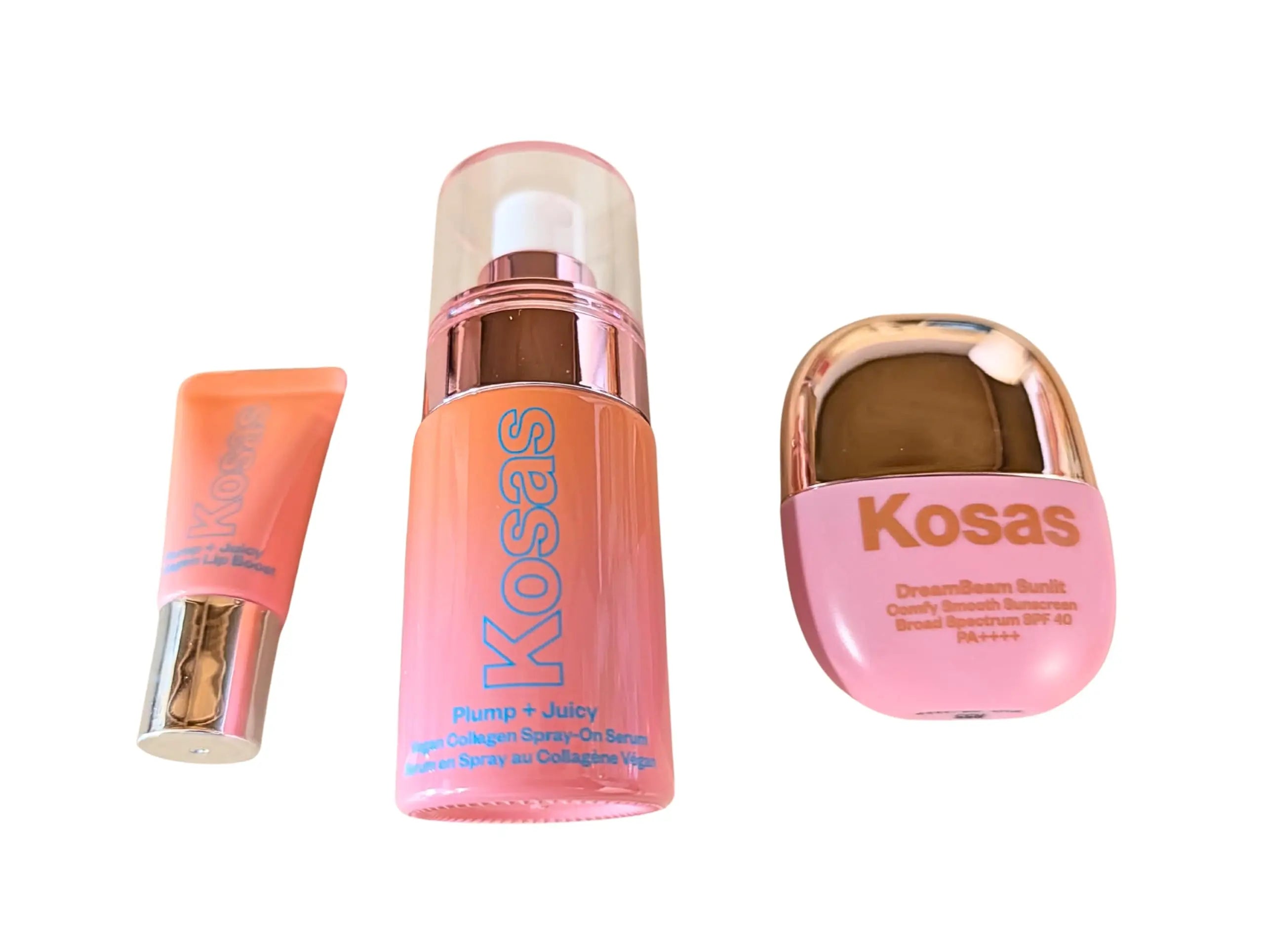 Kosas Plump + Juicy Makeup Prep Skincare Set – 3-Piece Mini Set with Collagen Spray-On Serum (1 oz), DreamBeam Sunlit SPF 40 PA++++ Sunscreen (0.5 oz), and Lip Booster (0.17 oz) Kosas uk supplements