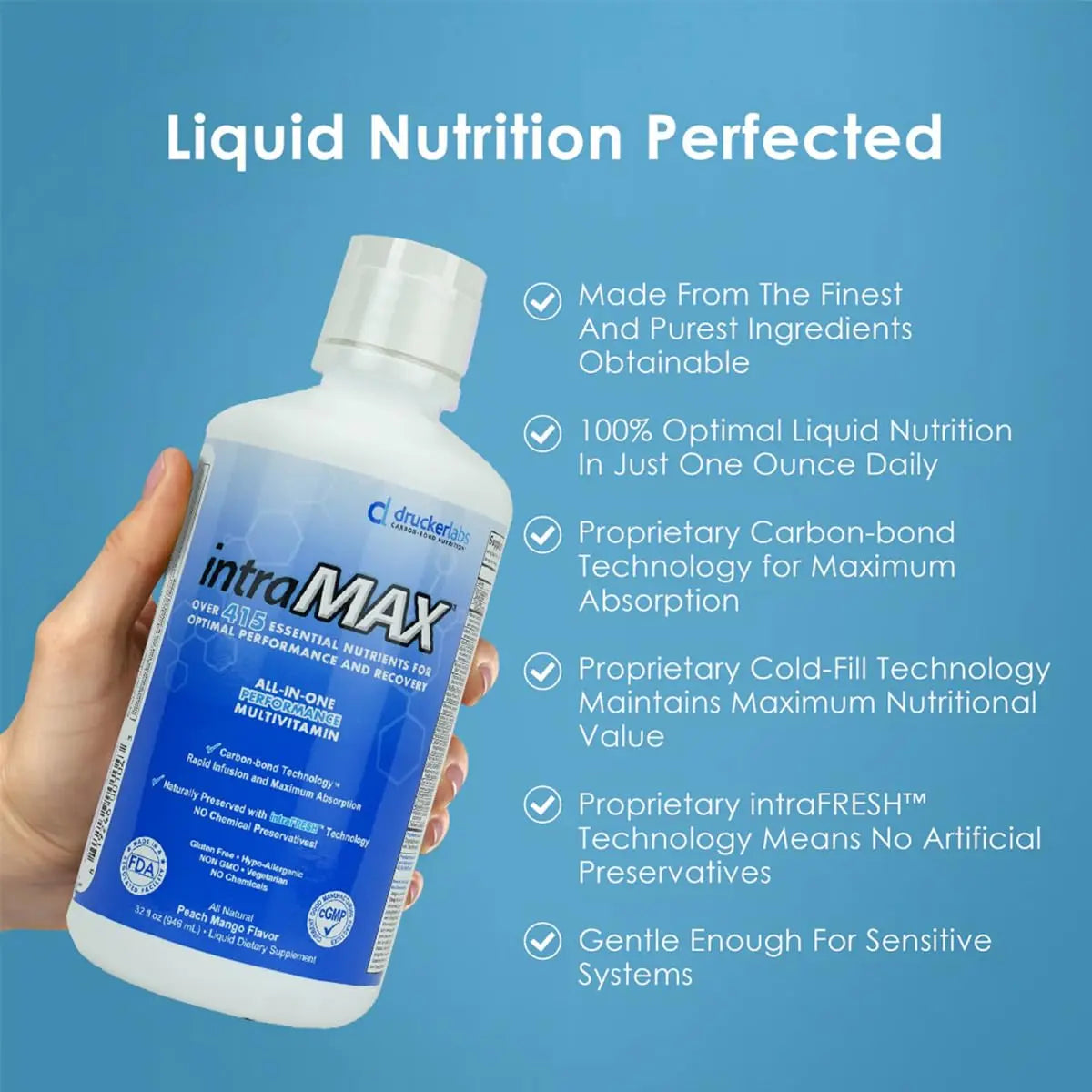 Drucker Labs - intraMAX Organic Liquid Multivitamin, Non GMO, Dairy Free, Gluten Free, Magnesium, Vitamin D, C and E, Zinc (32 oz., Peach Mango) Drucker Labs uk supplements