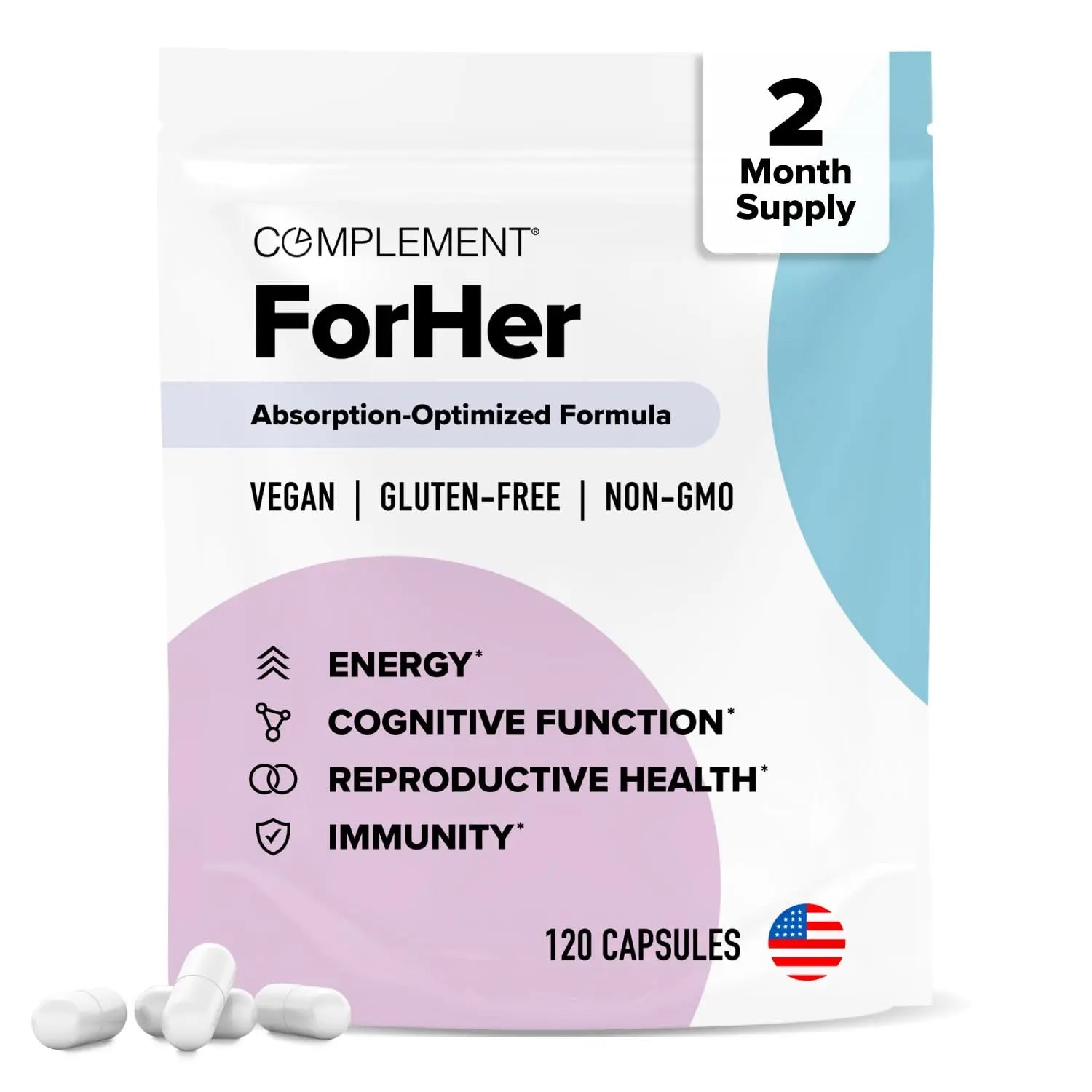 Complement ForHer Multivitamin - Hormone Balance for Women (60 Servings) Inositol Supplement, Longevity Support- B9, Iron - 120 Capsules Complement uk supplements