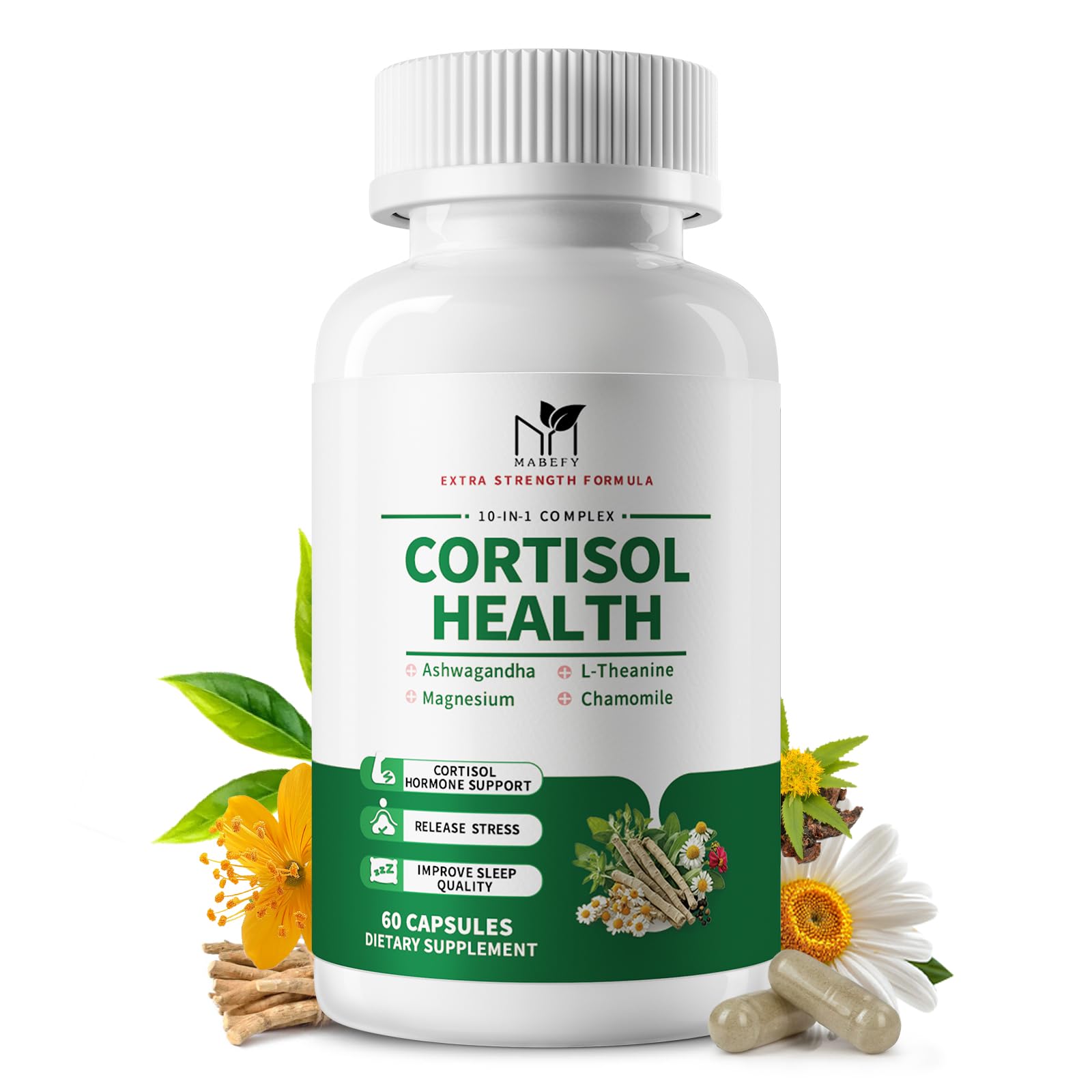 MABEFY Cortisol Supplements for Women/Men - 10 in 1 Cortisol Manager Reducer Lower Detox Balance with Magnesium, Ashwagandha, L-Theanine for Stress, Sleep, Calm, Mood Support - 60 Capsules for 30 Days MABEFY uk supplements