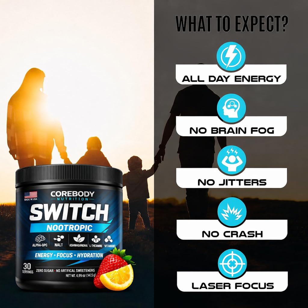 Switch, Brain Boosting Nootropic Energy Supplement Powder - Made in USA - Alpha GPC, NALT, Ashwagandha, Sugar Free Energy, Keto, Increase Mental Focus & Cognitive Function, Enhances Mood & Memory CoreBody Nutrition uk supplements