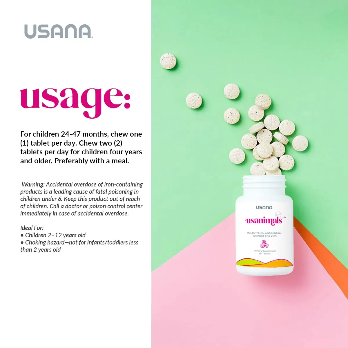 USANA Usanimals Multivitamin for Kids - Daily Chewable Tablets with Vitamins A, C, D, E, B6, B12, Zinc, Iron - Supports Immune, Bone & Brain Health USANA uk supplements