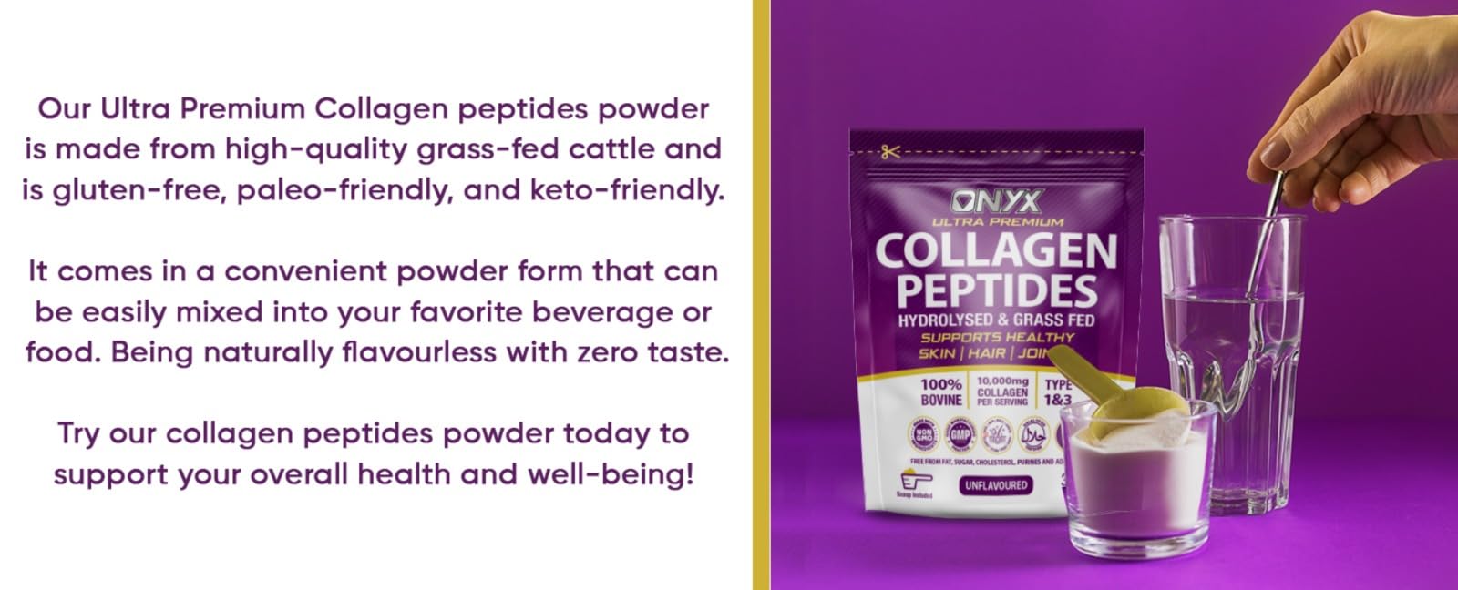 Premium Collagen Powder 300g Hydrolysed Bovine Collagen Peptides Powder ONYX INGREDIENTS 101 uk supplements