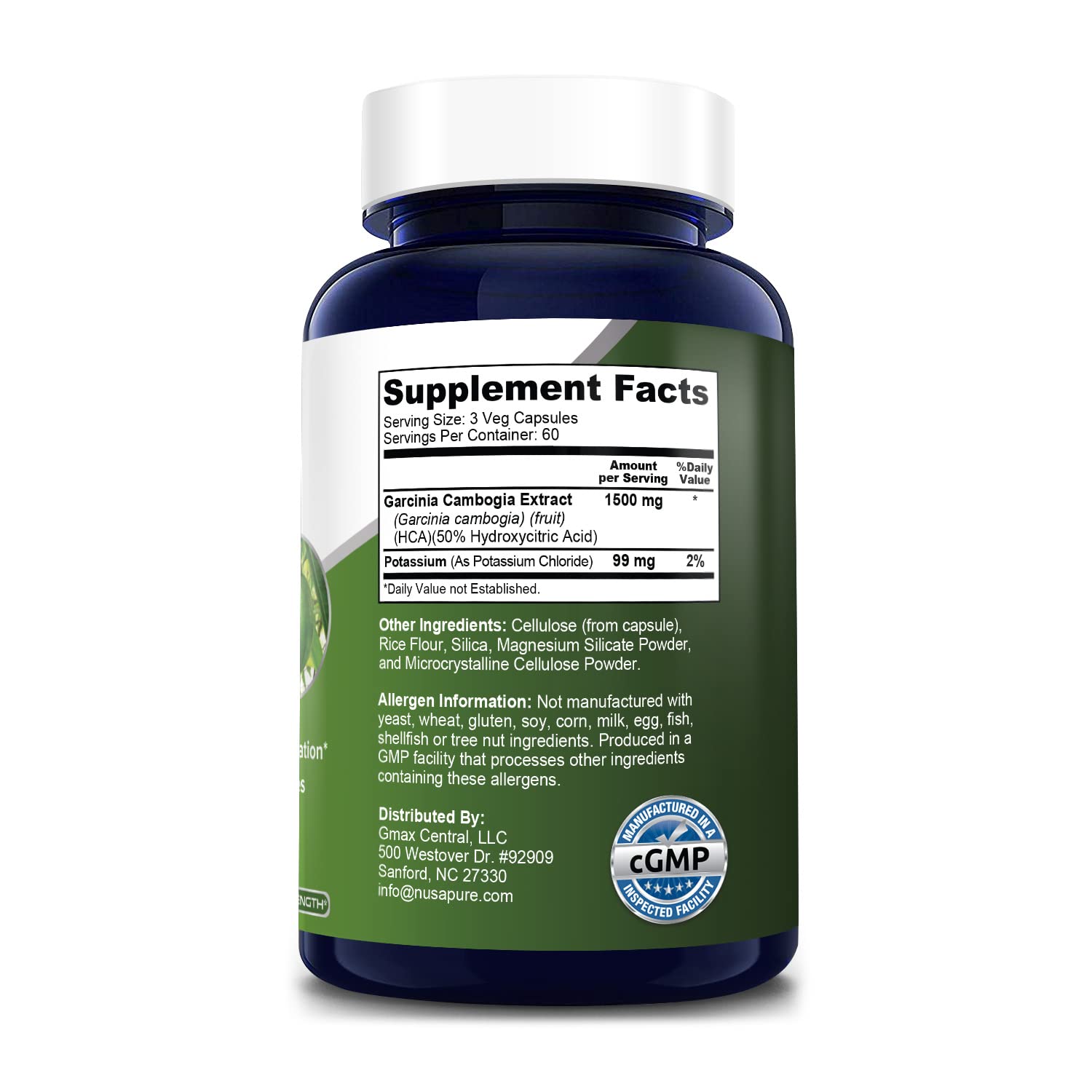 Garcinia Cambogia 180 Veggie Caps 1500mg (Vegetarian, Natural, Non-GMO & Gluten Free) NusaPure uk supplements