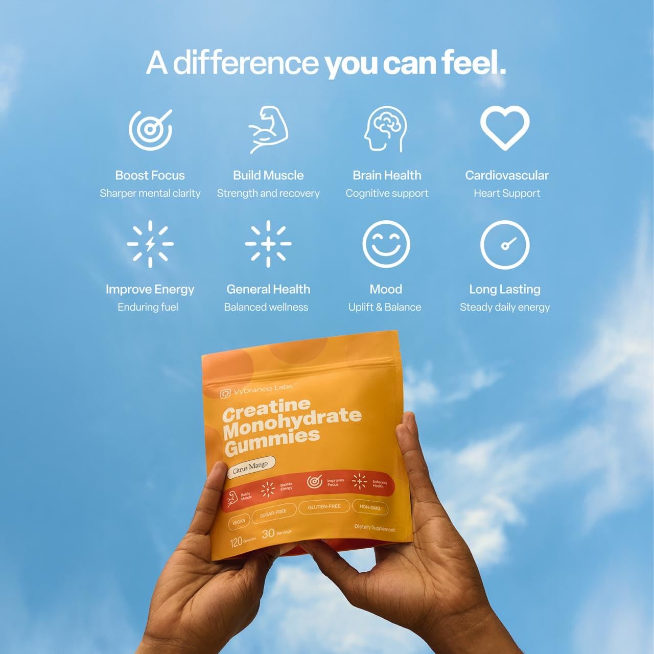 VYBRANCE LABS Creapure Creatine Gummies 5g + Taurine & B12 - Sugar-Free, Vegan, Gluten-Free - Citrus Mango - 120 Count (30 Servings) for Strength, Energy & Focus VYBRANCE LABS uk supplements