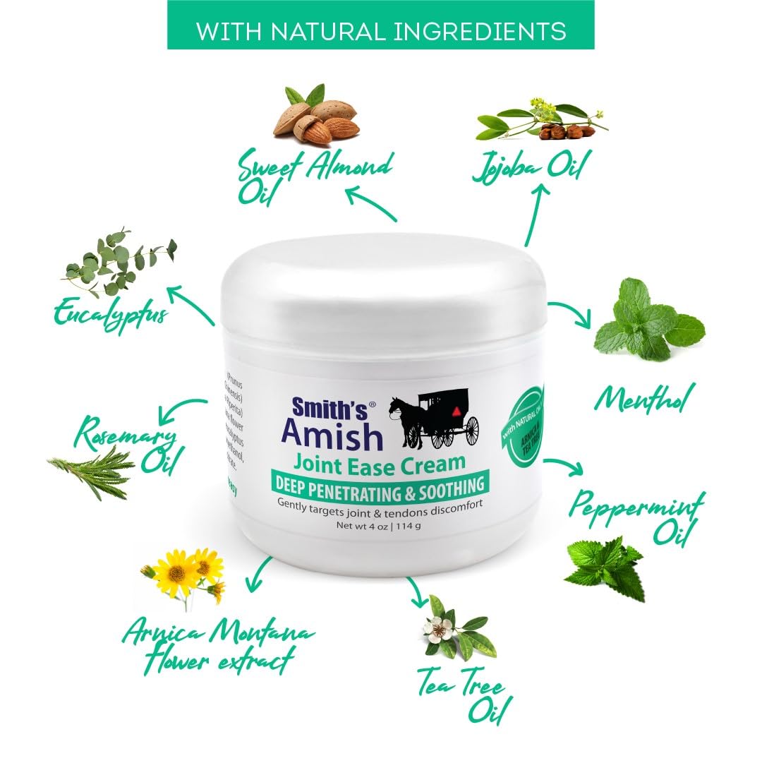 Smith’s Amish Joint Ease Cream 4 oz jar. Soothing and Cooling, with Botanicals of Arnica, Peppermint, Tea Tree, Rosemary and Eucalyptus Smith Amish uk supplements