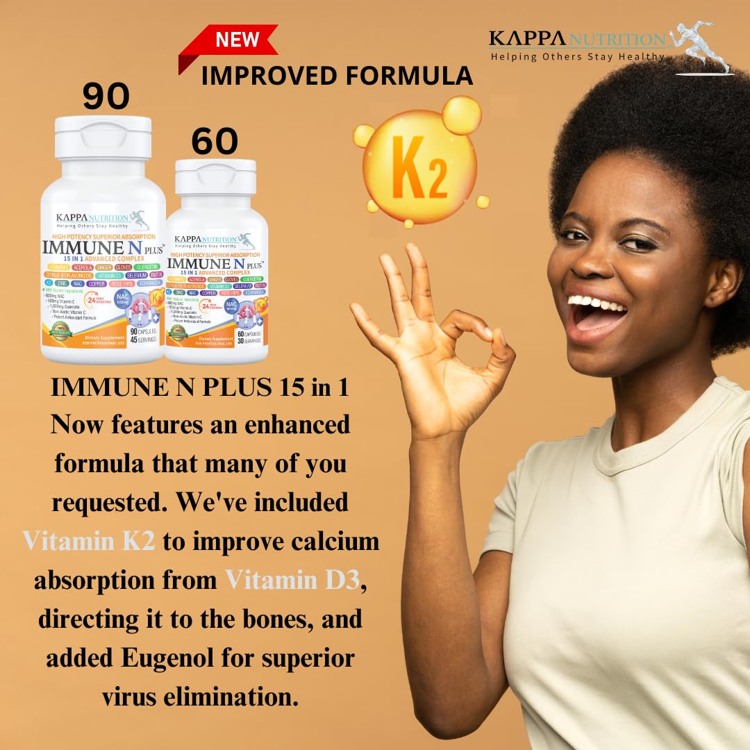 (90 Capsules), NAC 600mg, Quercetin 1,000mg, Vitamin C 500mg, Zinc 50mg, Vitamin D3 5,000iu, Selenium, Copper, Acerola, Ginger, Rutin, Citrus Bioflavonoids, Rose Hips, Echinacea, Immune N Plus 15 in 1 KAPPA NUTRITION uk supplements
