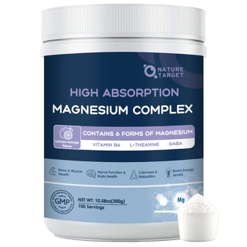 NATURE TARGET Magnesium Powder Supplement with Glycinate, Citrate, Malate, Magnesium Complex with L-Theanine & Vitamin B6 for Muscle, Heart & Brain, Vegan, 10.58 oz (100 Servings), Lemon Orange Flavor NATURE TARGET uk supplements