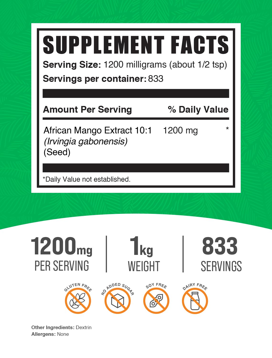 BulkSupplements.com African Mango Extract Powder - Irvingia Gabonensis, African Mango Powder - Gluten Free, 1.2g per Serving, 1kg (2.2 lbs) (Pack of 1) BulkSupplements uk supplements