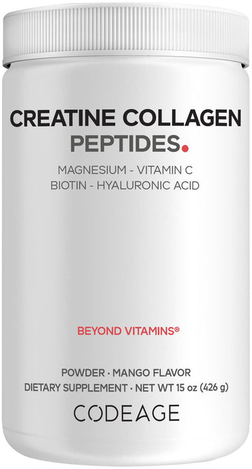 Codeage Creatine Collagen Peptides - Creatine Monohydrate Powder Supplement, Wild-Caught Marine Collagen, Biotin, Magnesium, Vitamin C, Hyaluronic Acid - Mango Flavored - Non-GMO - 15 Oz Codeage uk supplements