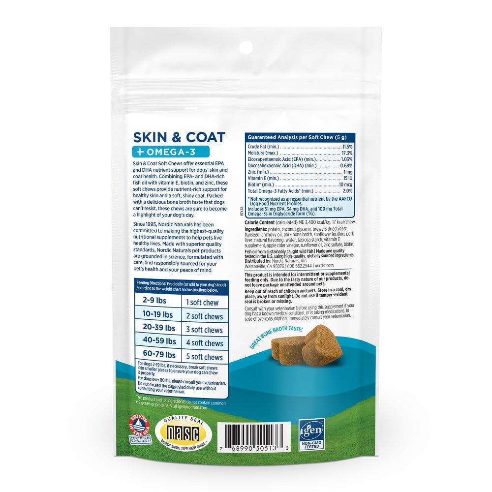 Nordic Naturals Pet Skin & Coat Soft Chews with Omega-3-30 Pork Bone Broth Flavored Soft Chews - Nutritional Support for Healthy Skin & a Soft and Shiny Coat - Non-GMO and IFOS Certified Nordic Naturals uk supplements