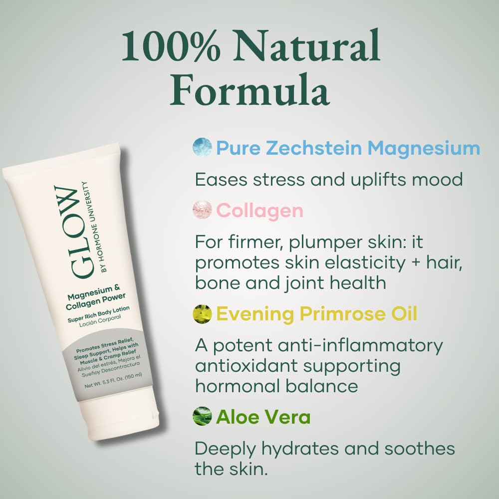 Glow by Hormone University - Magnesium Lotion with Collagen - Magnesium Cream - Bedtime Routine Sleep Lotion - The Highest Concentration of Genuine Zechstein Magnesium Chloride (Pack of 1) Glow Botanica uk supplements
