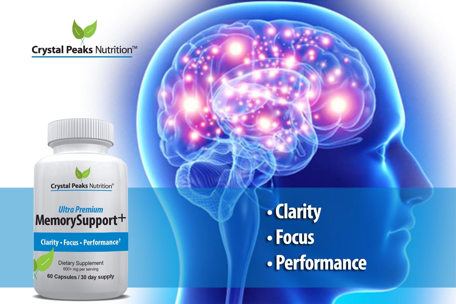Memory Boost + Brain Support Supplement – Nootropic for Focus, Concentration, Memory. Enhanced Energy, Recall and Alertness - 60 Capsules/30-day Supply. CRYSTAL PEAKS NUTRITION uk supplements