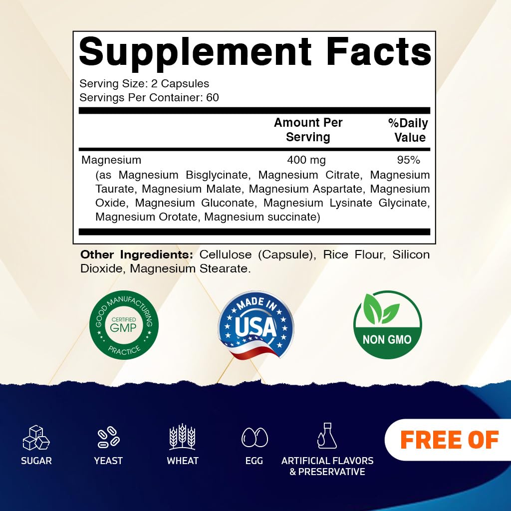 Vitamatic Magnesium Complex, 400mg Elemental MG (as Bisglycinate, Citrate, Taurate, Malate, Aspartate, Oxide, Gluconate, Lysinate Glycinate, Orotate, Succinate) - 120 Capsules per Pack - 2 Pack Vitamatic uk supplements