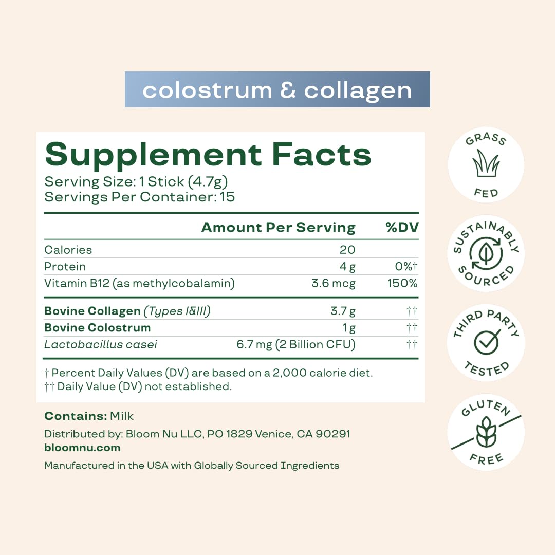 Bloom Nutrition Bovine Colostrum Powder Packet, Gut Health, Immune Support, Hair Growth & Beauty Supplement, Gluten Free, Sugar Free | Unflavored, 15 Servings Bloom Nutrition uk supplements