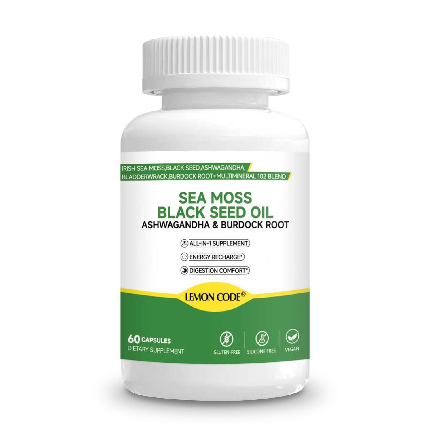 LEMON CODE Sea Moss & Black Seed Oil Capsules with Burdock & Bladderwrack & Ashwagandha, Vitamin C&D,Natural Herbal Complex for Daily Balance, Energy & Digestive Support, Vegan, Non-GMO, 60 Capsules LEMON CODE uk supplements